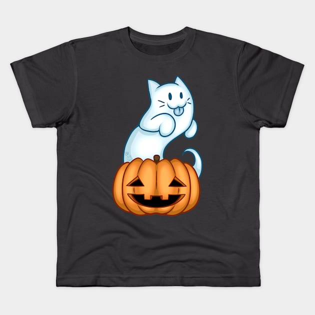 Cat Ghost and Pumpkin Kids T-Shirt by Bluekittie